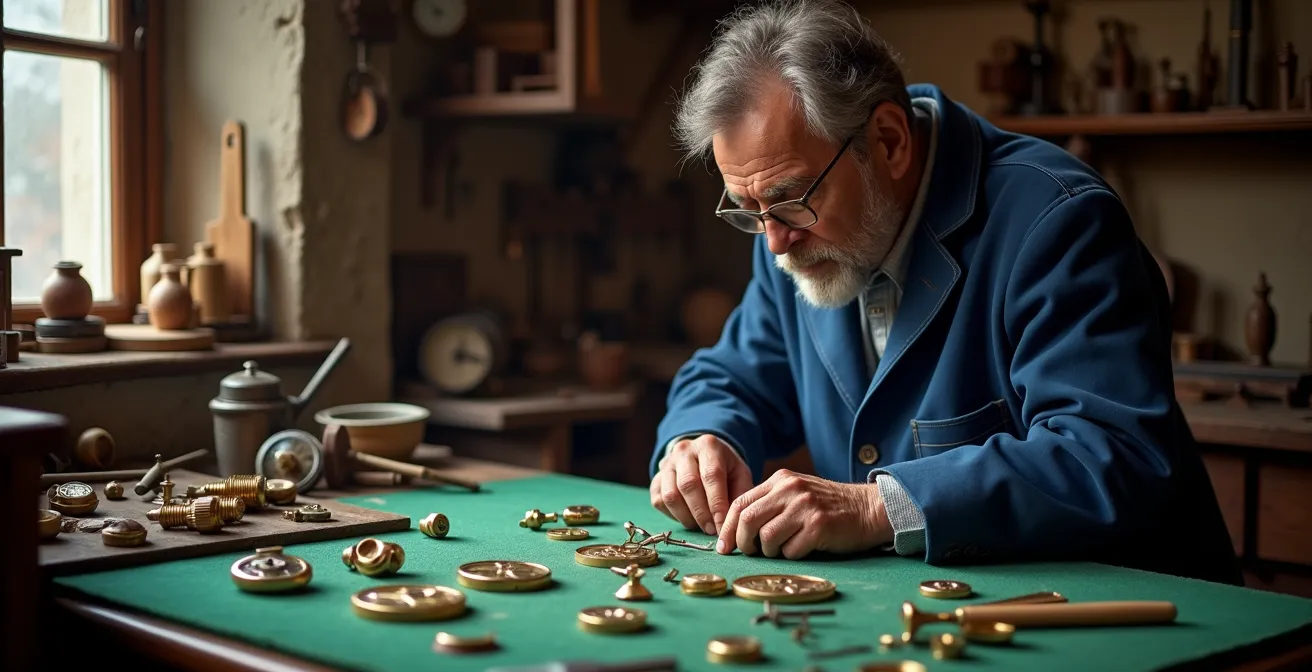 Vue grand angle d'un atelier horloger français avec établis et outils traditionnels