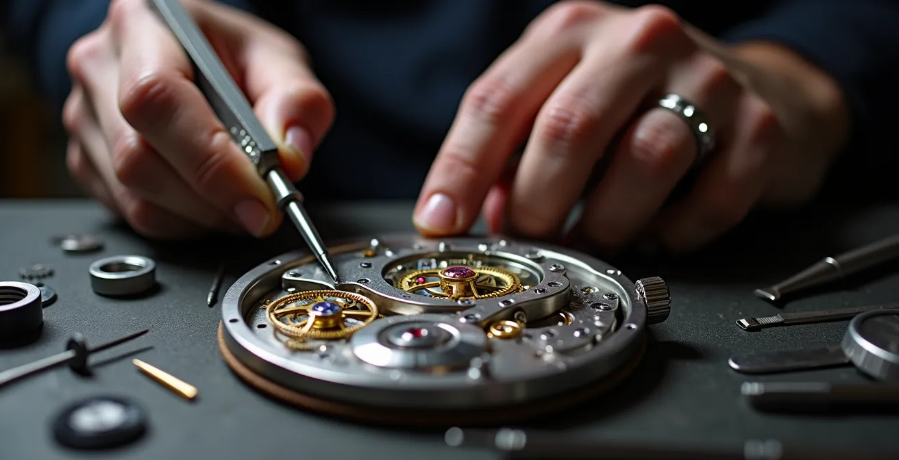 Vue macro d'un établi d'horloger avec des outils traditionnels et des mouvements de montre en cours de réparation, symbolisant le SAV.