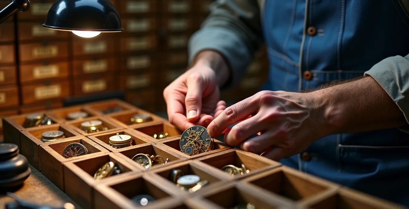 Atelier d'horloger français avec tiroirs de pièces détachées vintage et mouvements de montres