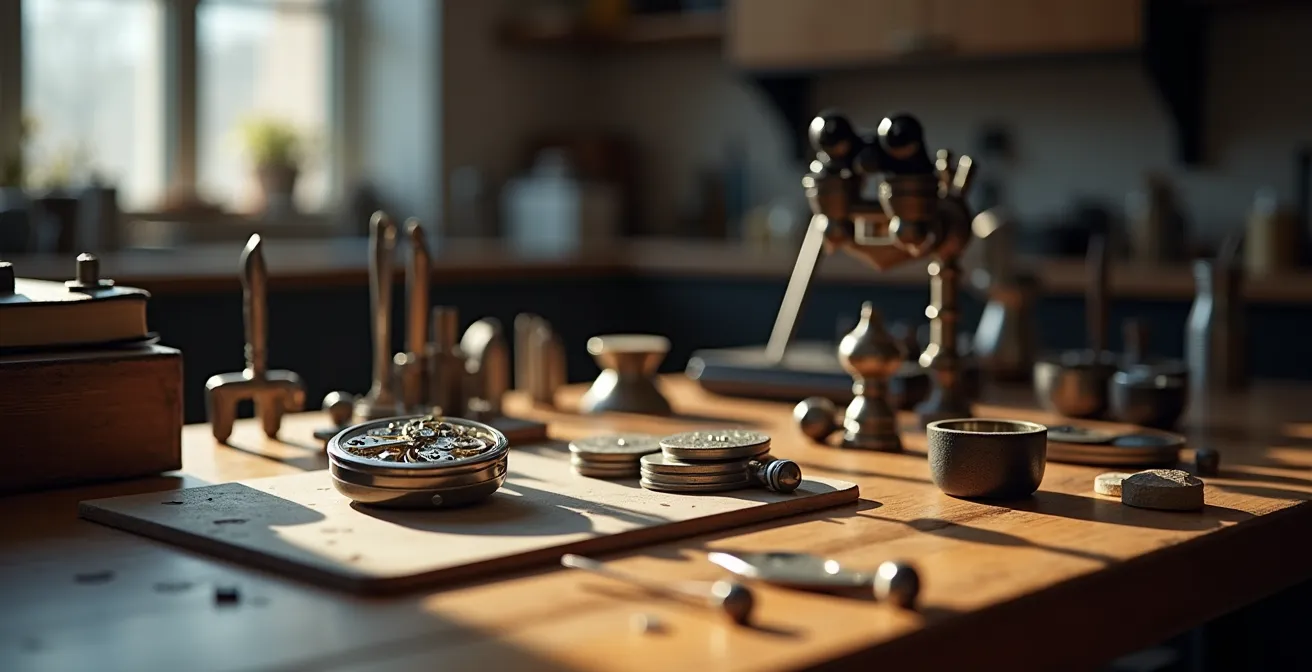 Atelier d'horloger avec outils de précision et composants de chronographe en cours de révision