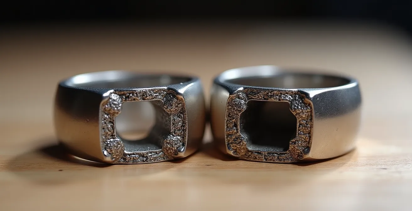 Vue en coupe macro d'une bague montrant la différence entre structure massive et creuse