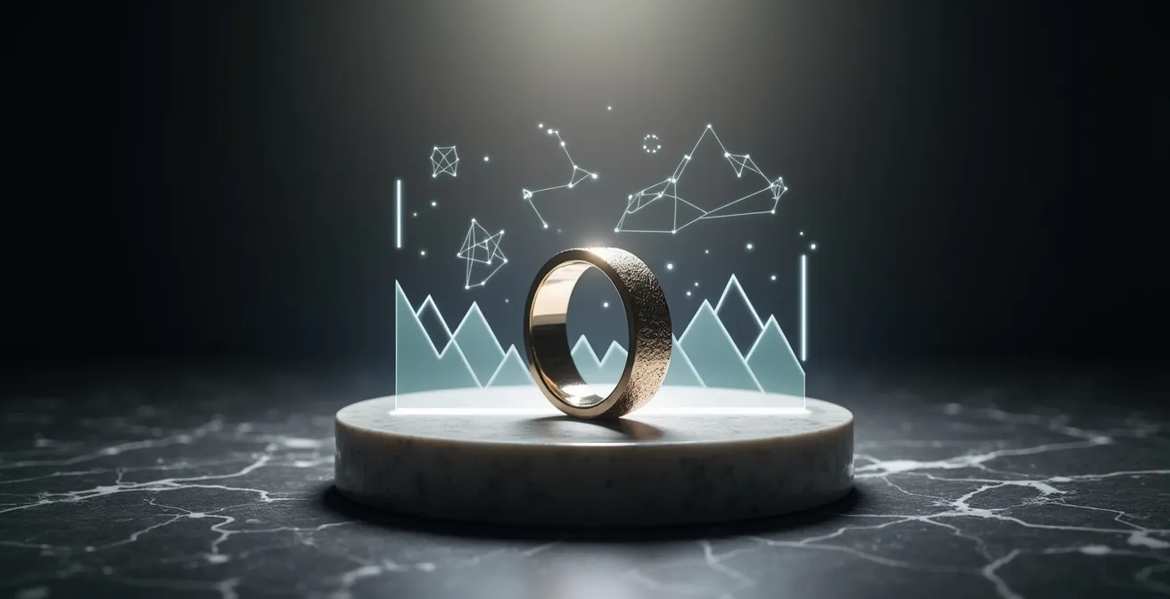 Plateau de chevalière vierge avec des esquisses de symboles modernes flottant au-dessus