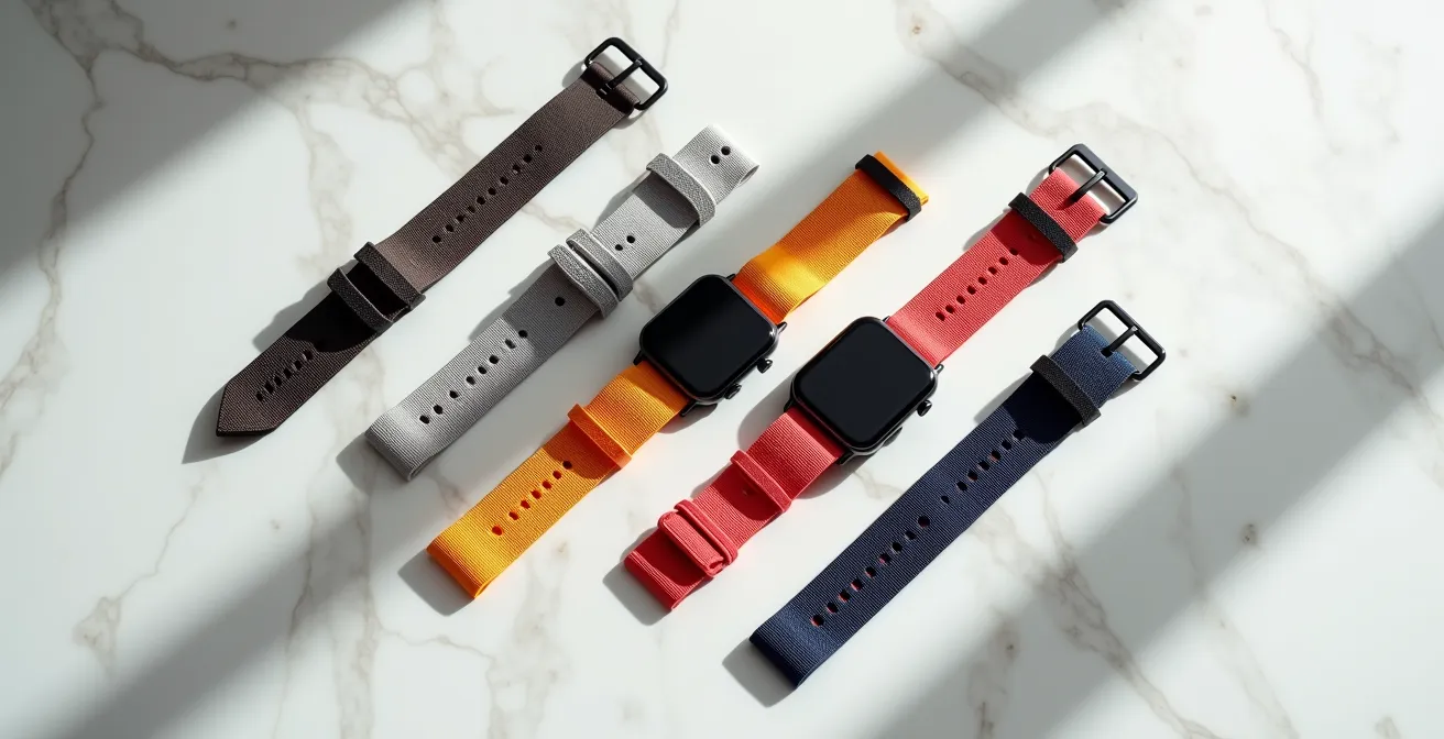 Détail d'un bracelet NATO tissé sur montre digitale avec environnement minimaliste