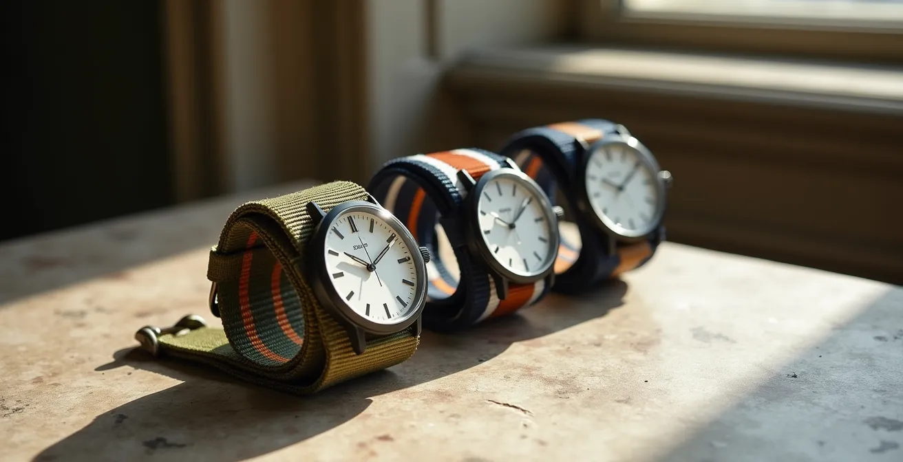 Montres avec différents bracelets NATO disposées sur surface texturée