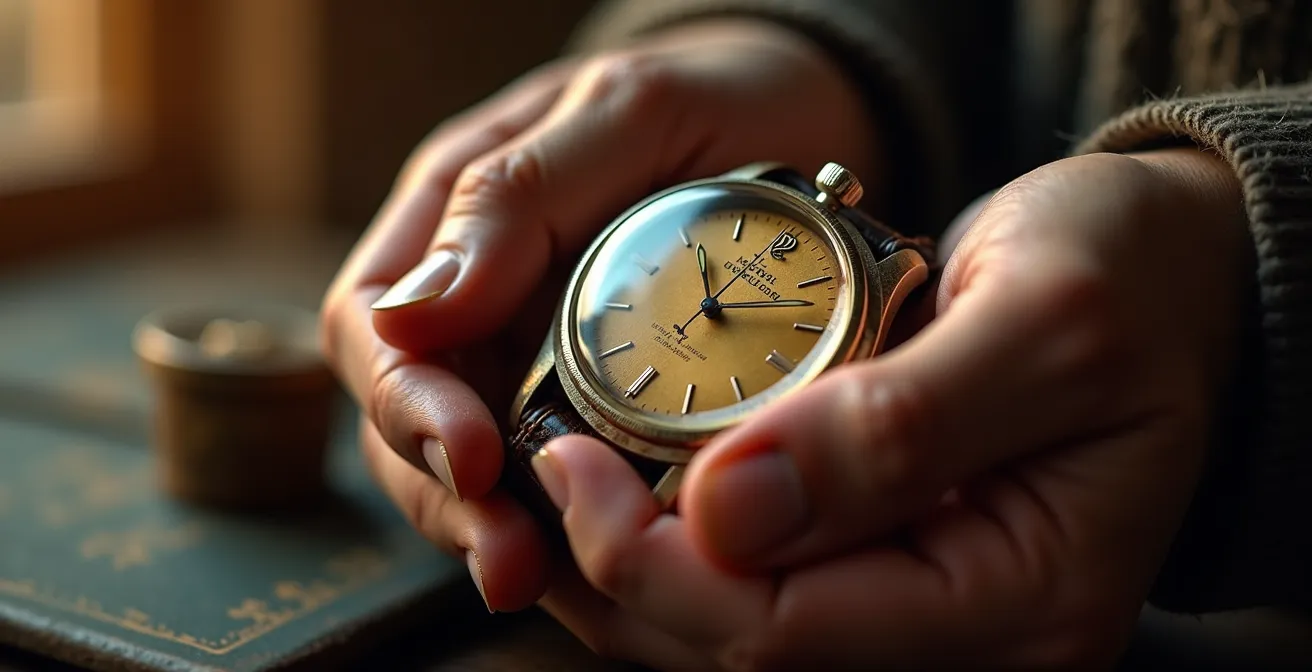 Gros plan sur cadran de montre vintage avec patine tropicale naturelle