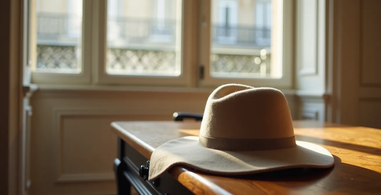 Chapeau en feutre séchant à l'air libre dans un appartement parisien