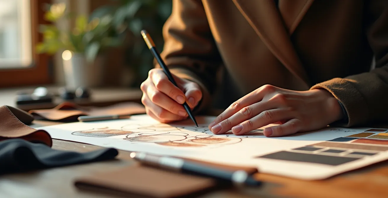 Atelier de création luxueux avec matériaux artistiques et esquisses de collaborations