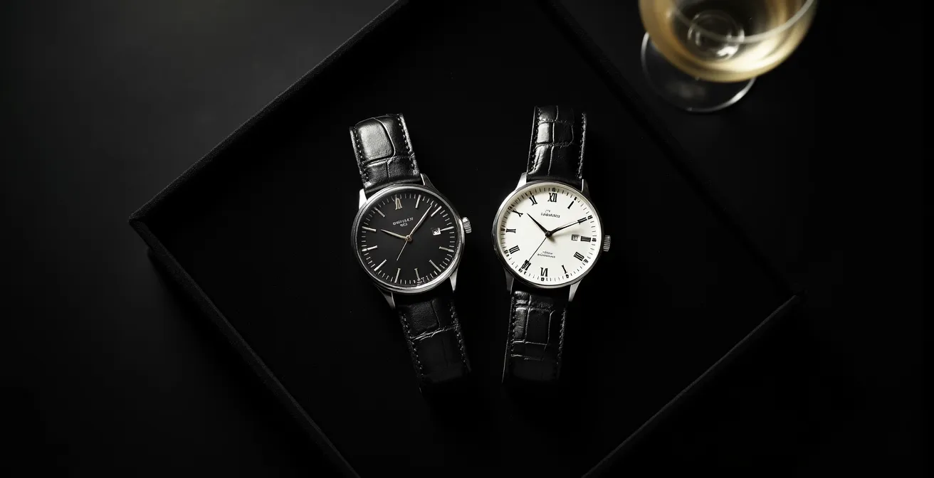 Deux montres habillées côte à côte sur un plateau en velours noir, une avec index bâtons et l'autre avec chiffres romains