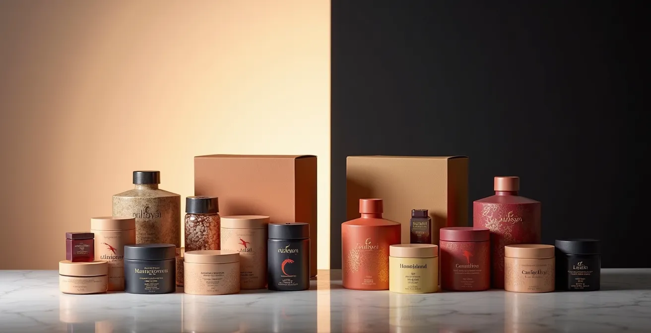 Deux coffrets beauté ouverts côte à côte montrant la différence de diversité entre mono-marque et multi-marques