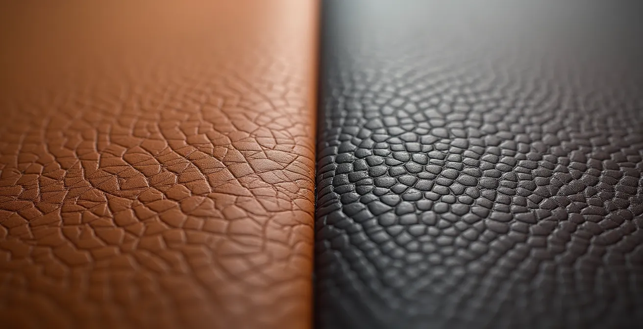 Comparaison macro entre les fibres d'un cuir reconstitué et d'un cuir pleine fleur