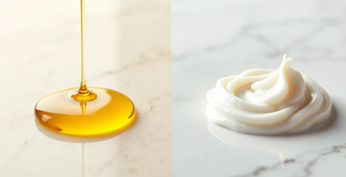 Gros plan sur deux textures cosmétiques différentes : une huile dorée et une crème onctueuse blanche