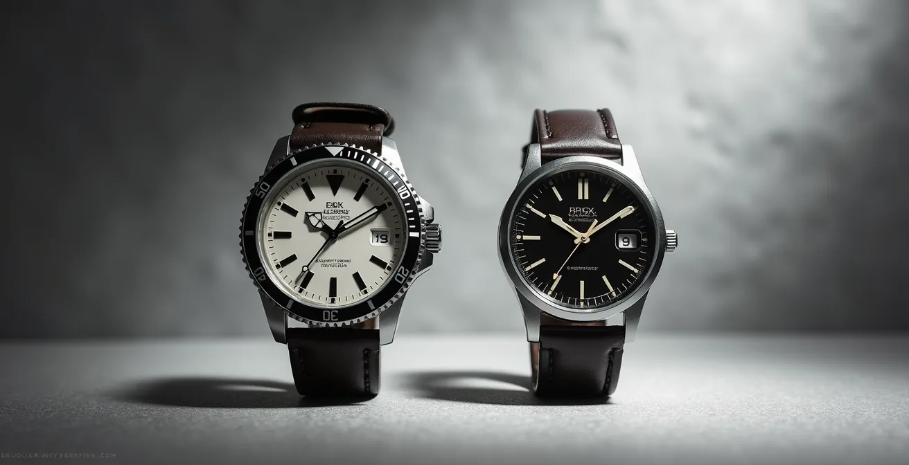 Deux montres de 38mm côte à côte montrant la différence visuelle entre une lunette de plongeuse épaisse et un style minimaliste Bauhaus.