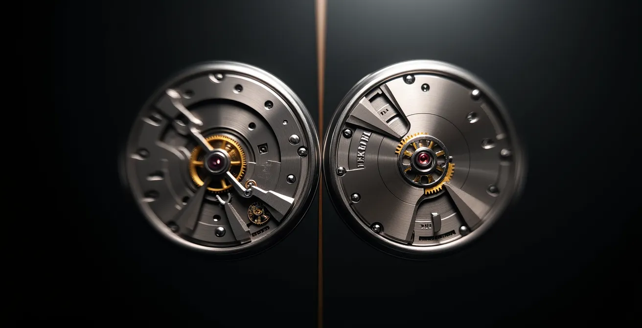 Comparaison visuelle de deux mouvements mécaniques avec balanciers oscillant à différentes vitesses