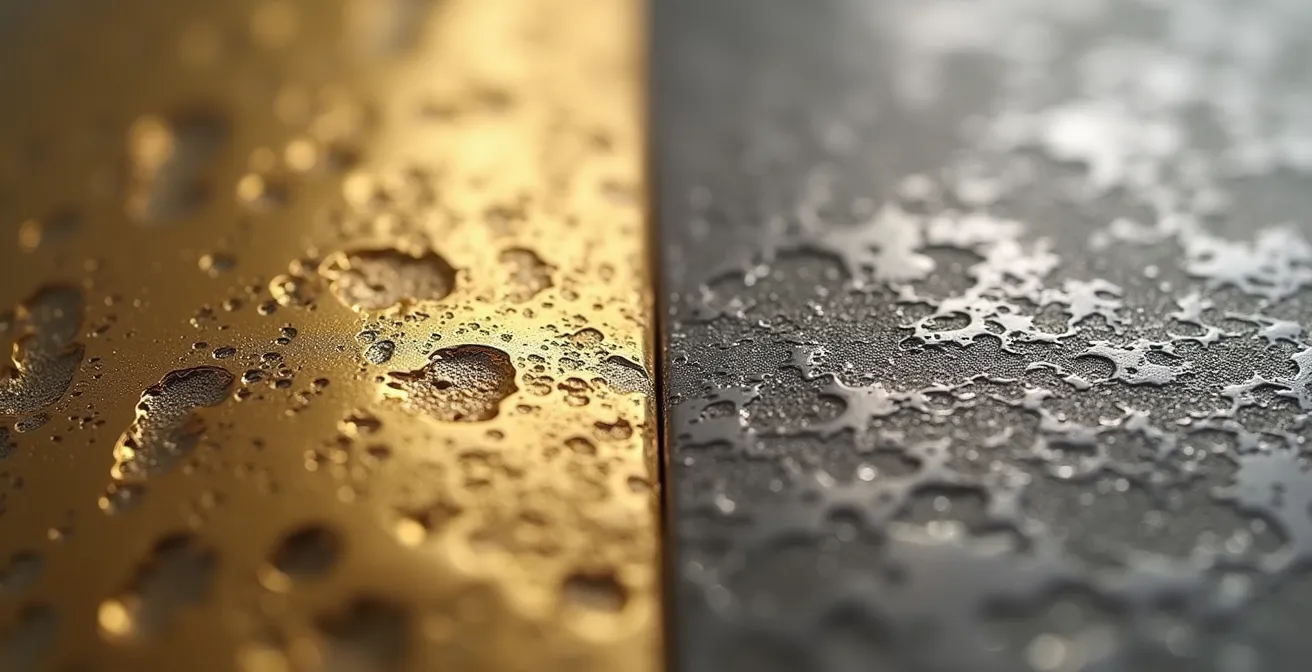 Comparaison visuelle de deux bracelets en acier avec différents plaquages or montrant l'usure