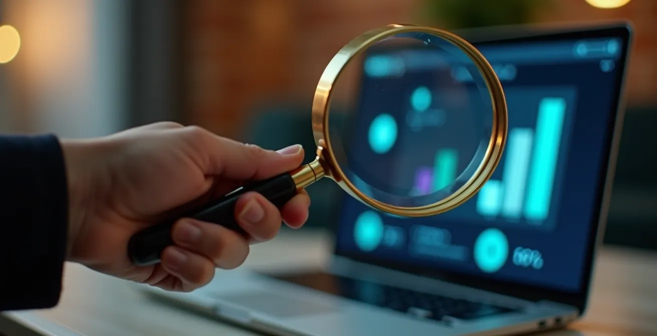 Main tenant une loupe examinant un écran d'ordinateur montrant des prix barrés sur un site de mode