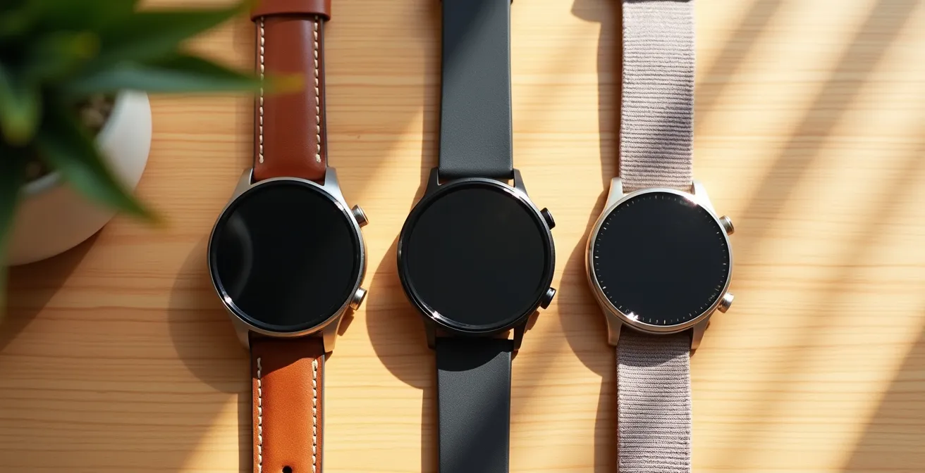 Vue de dessus de trois montres connectées avec différents réglages d'économie d'énergie