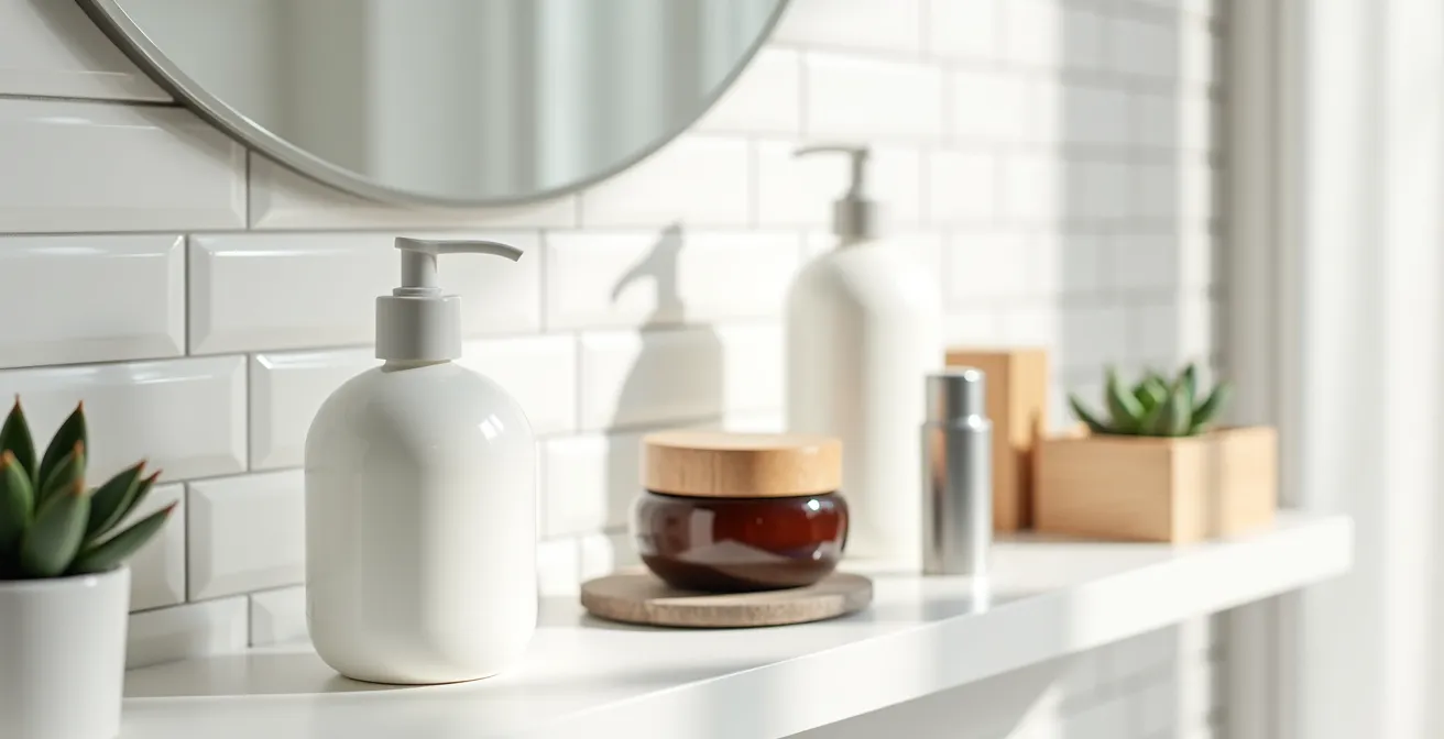 Nature morte épurée montrant différents types de flacons cosmétiques bio avec système airless