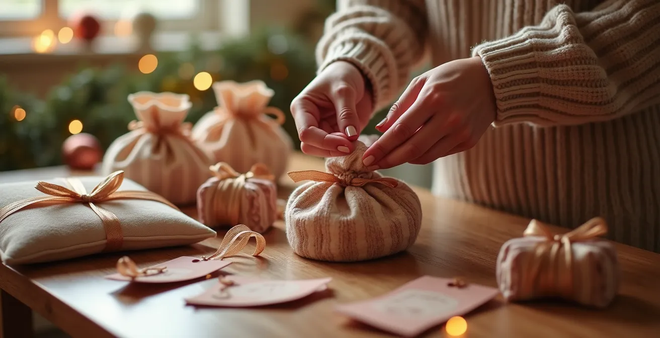 Mains délicates divisant un coffret beauté en trois petites compositions cadeaux avec pochons et rubans