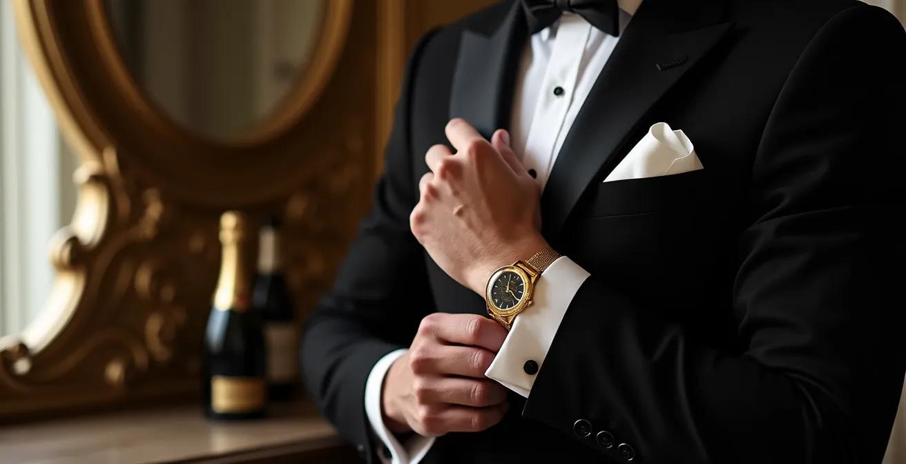 Vue rapprochée d'une veste de smoking avec pochette blanche, boutons de manchette dorés et montre élégante visible au poignet
