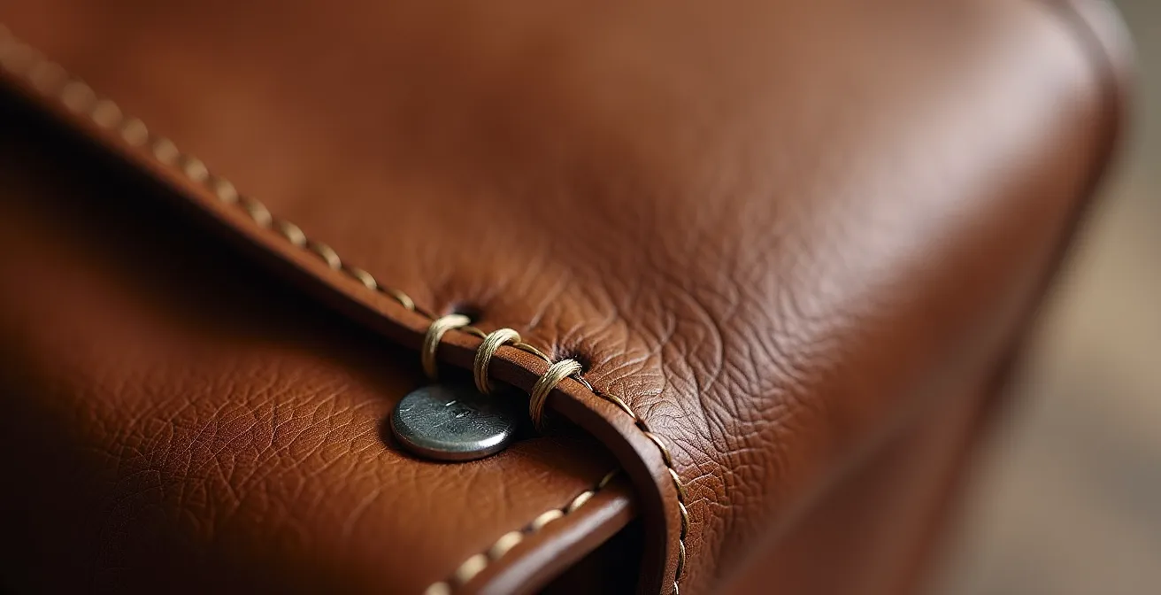 Gros plan macro sur les coutures d'un sac en cuir montrant les points d'arrêt