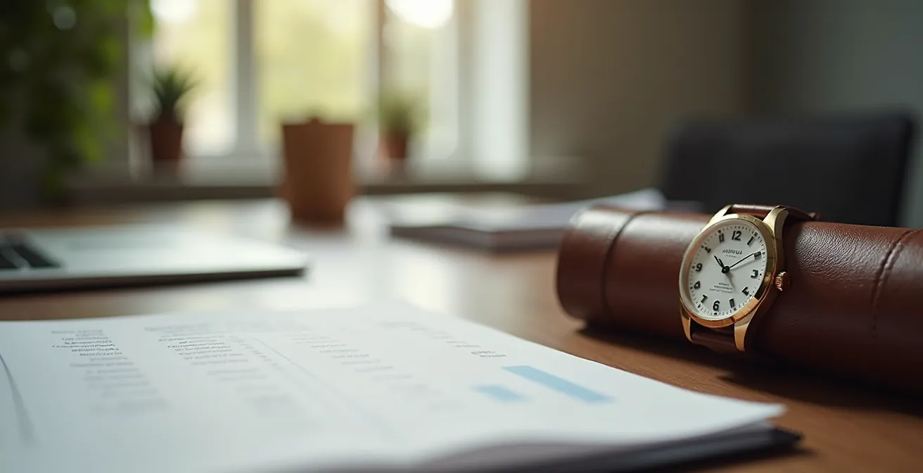 Bureau élégant avec documents administratifs flous en arrière-plan et une montre de luxe posée sur un écrin de cuir