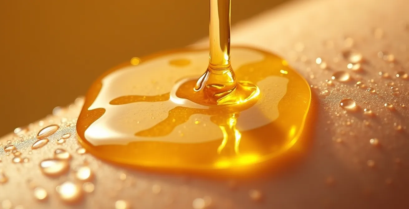 Gros plan sur une main appliquant une huile dorée sur un visage, texture de peau naturelle visible