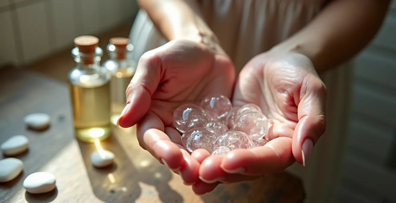 Arrangement minimaliste d'hydrolats français et pierres calcaires sur fond épuré