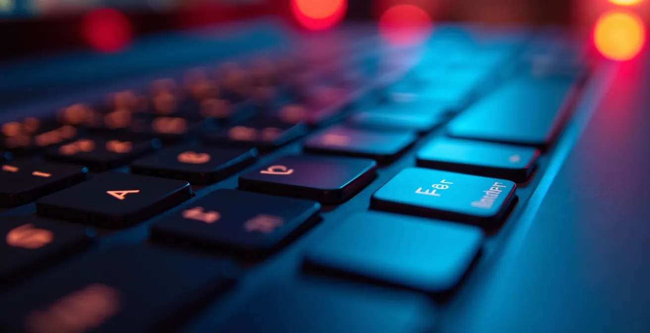 Vue macro d'un clavier d'ordinateur avec reflets colorés suggérant des extensions navigateur actives