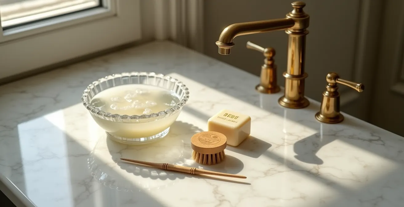 Processus de nettoyage artisanal d'une chevalière avec du savon de Marseille