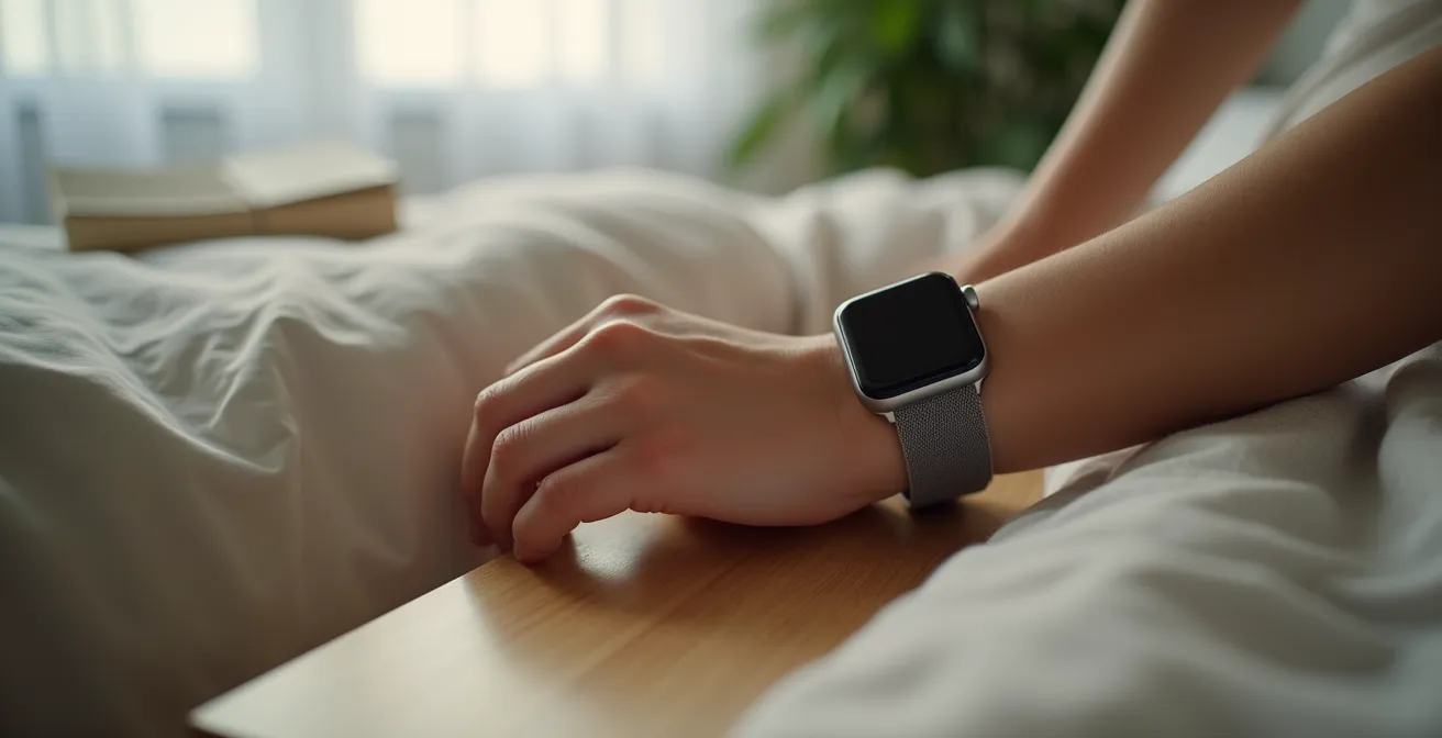 Main posant délicatement une montre connectée sur une table de nuit minimaliste