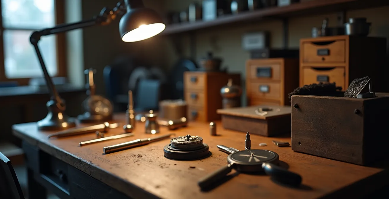 Établi d'horloger avec outils professionnels et mouvement en cours de révision