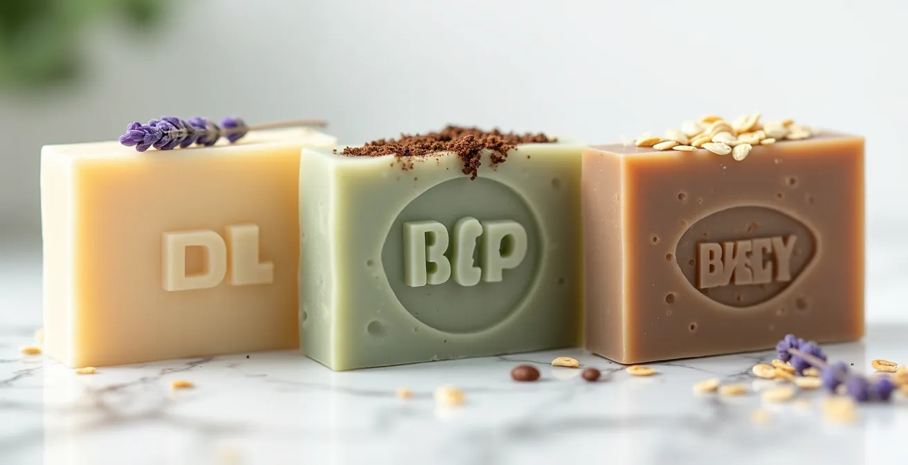 Gros plan macro sur étiquettes de savons artisanaux avec logos de labels visibles sans texte