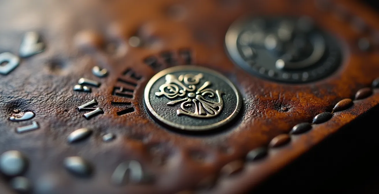 Gros plan sur des étiquettes de certification française avec poinçons artisanaux