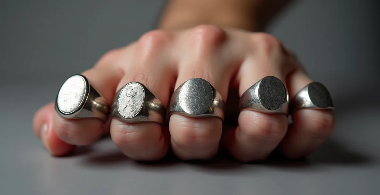 Comparaison visuelle de différentes formes de chevalières sur des mains masculines