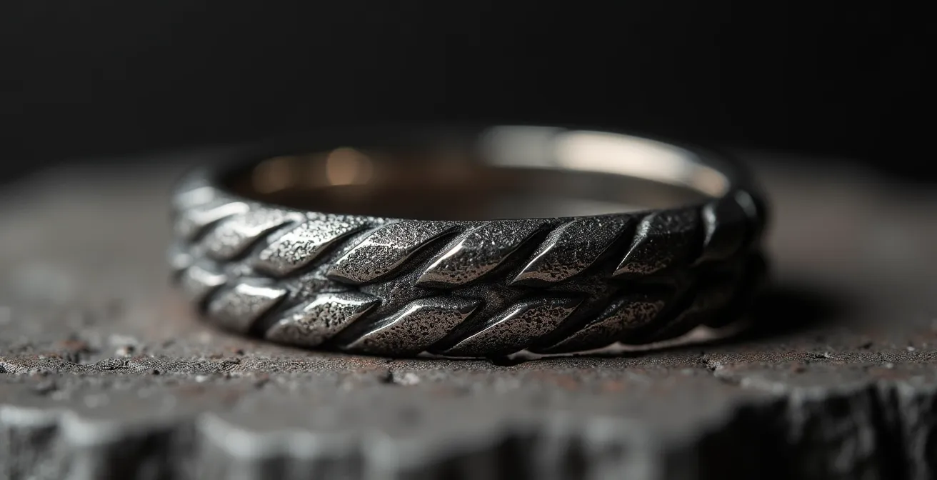 Détail macro d'une gravure délicate à l'intérieur d'un jonc en or