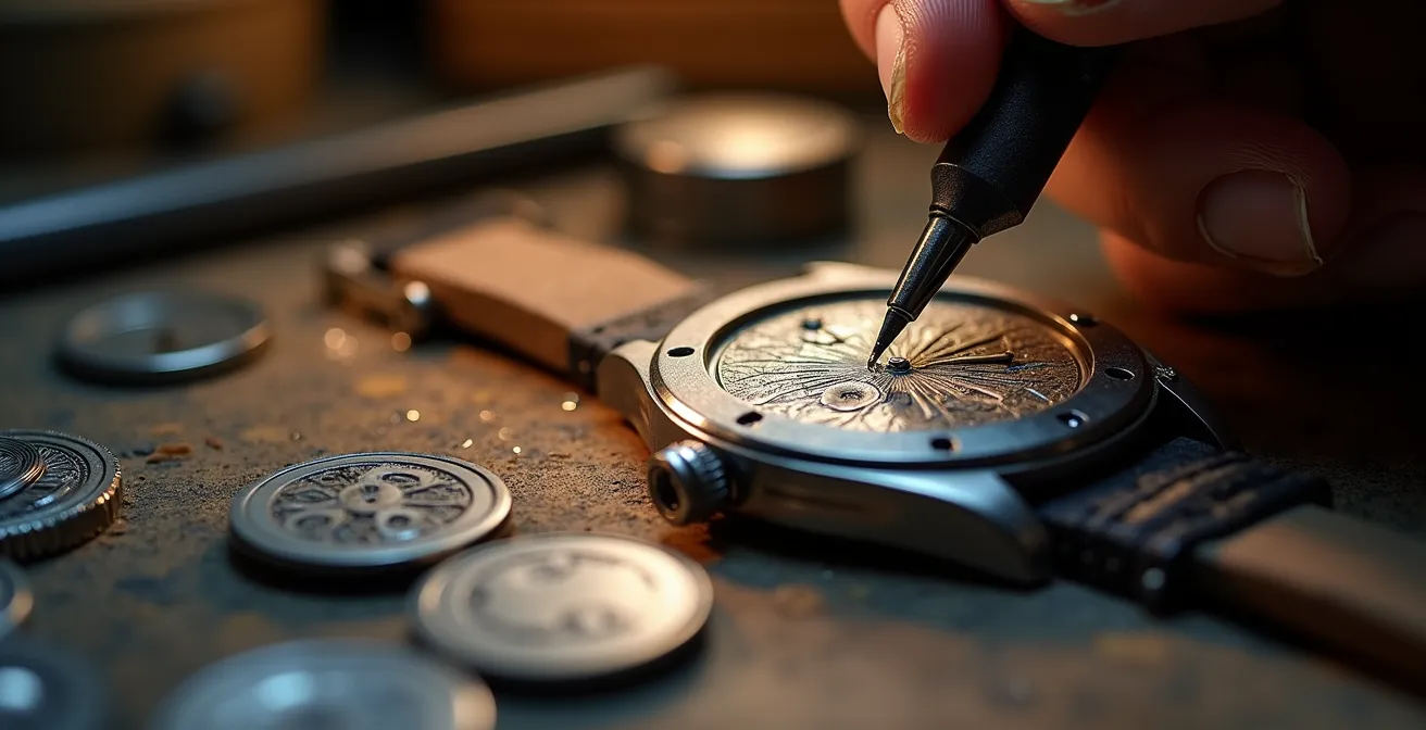 Artisan horloger gravant délicatement le fond d'une montre de luxe dans son atelier