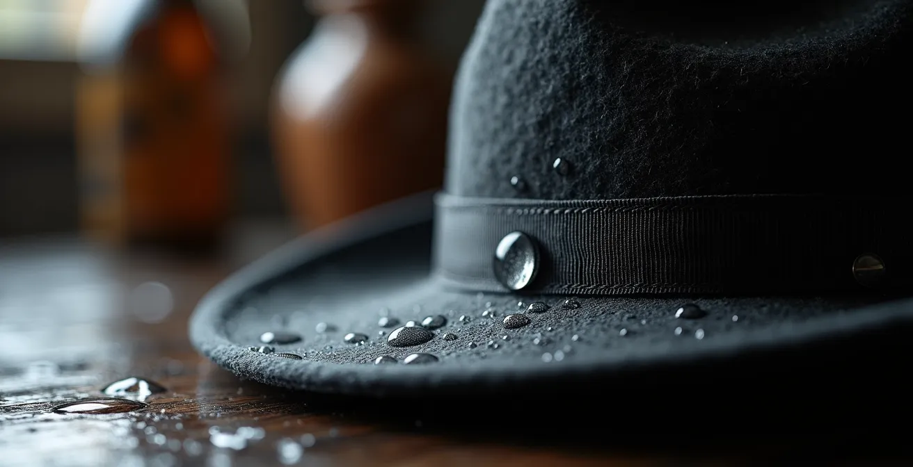 Application d'un spray imperméabilisant sur un fedora en feutre dans un atelier français
