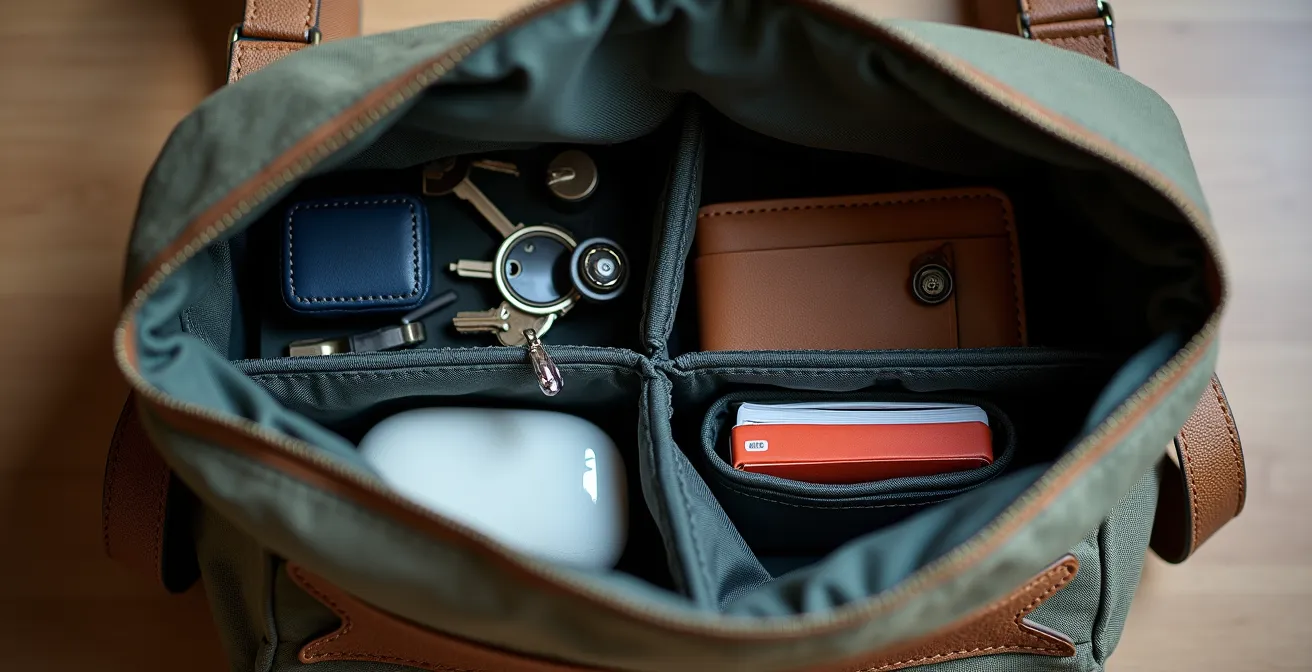 Vue plongeante sur l'intérieur d'un sac ouvert montrant un séparateur central et des compartiments organisés