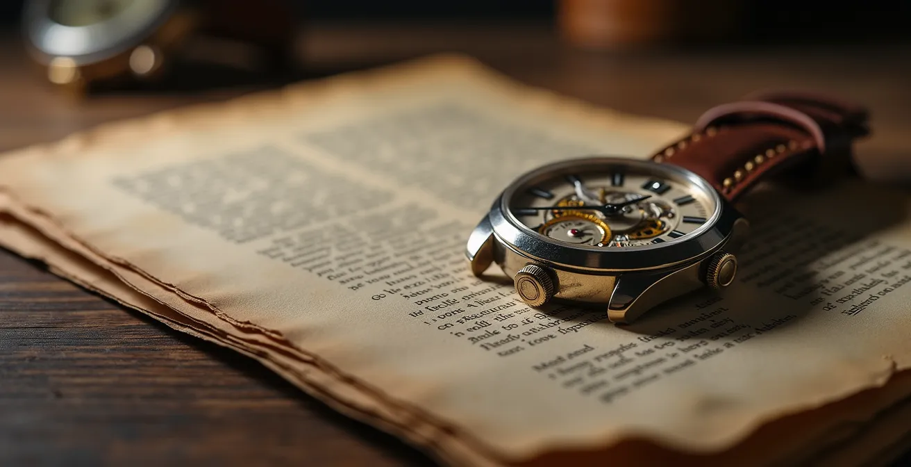 Montres vintage disposées avec documents d'archive et certificats sur bureau en bois