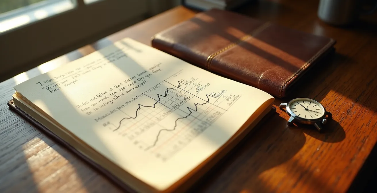 Carnet de notes ouvert montrant un graphique de suivi de précision hebdomadaire tracé à la main