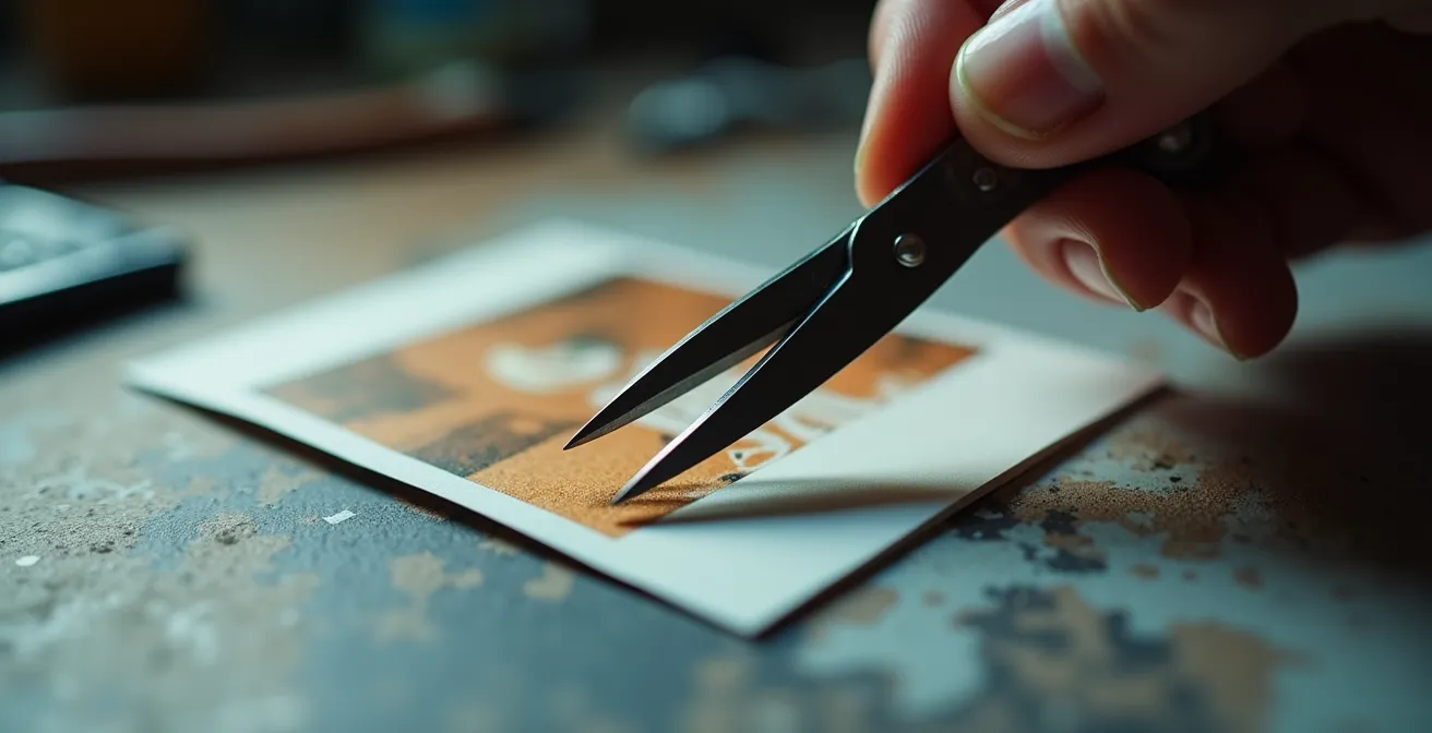 Vue macro d'une main découpant minutieusement une photo miniature avec des ciseaux courbes de précision
