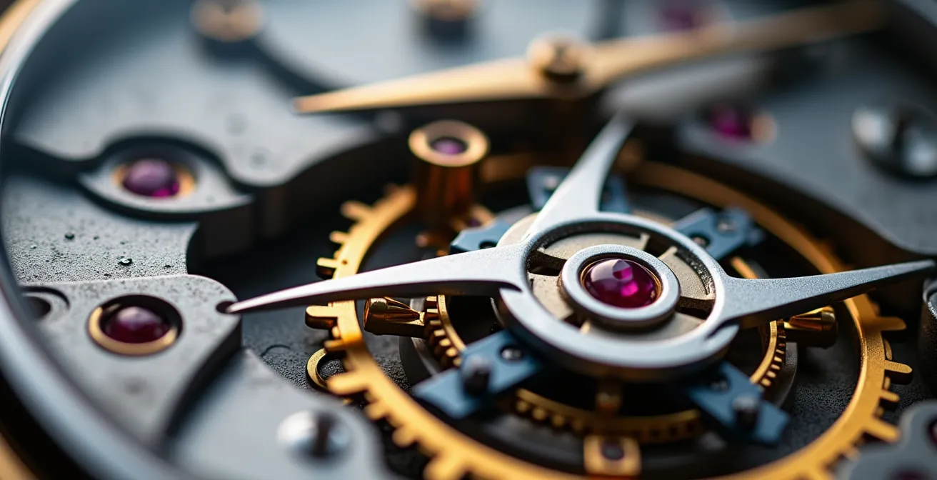 Vue macro détaillée d'un mécanisme de chronographe avec roue à colonnes et embrayage vertical