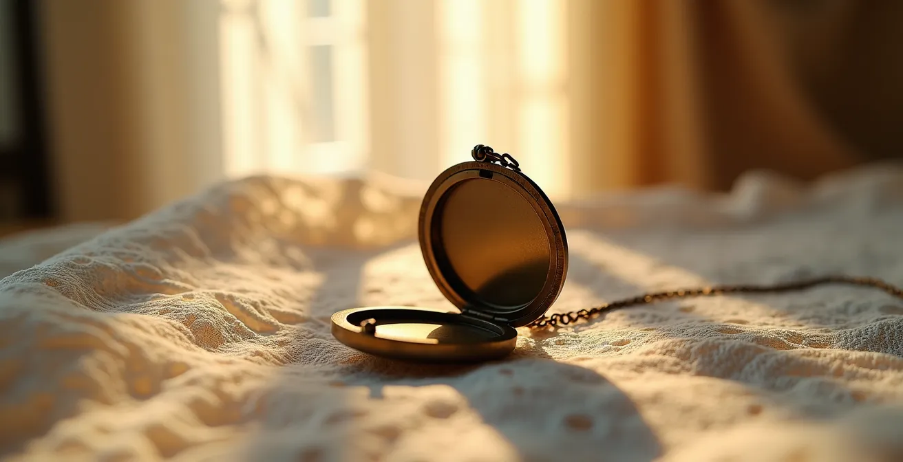 Médaillon ancien vide ouvert posé sur un tissu de dentelle française, baigné par une lumière dorée de fin d'après-midi