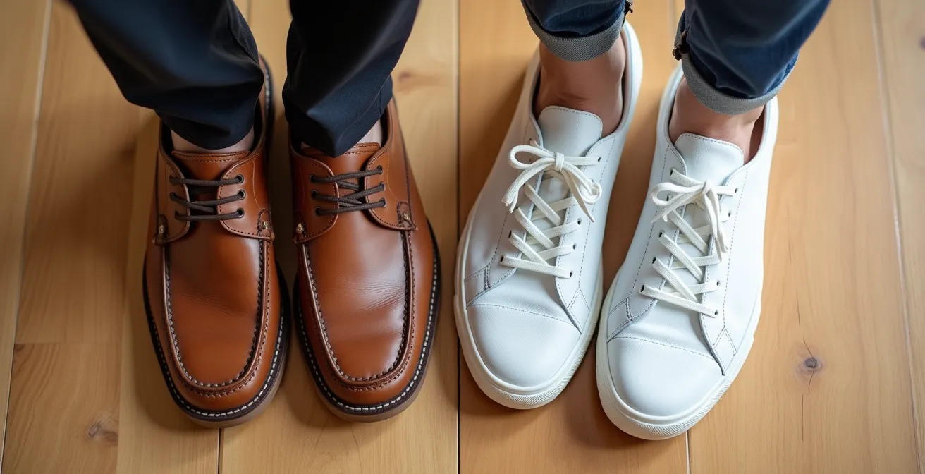 Comparaison visuelle entre mocassins en cuir marron et baskets blanches minimalistes