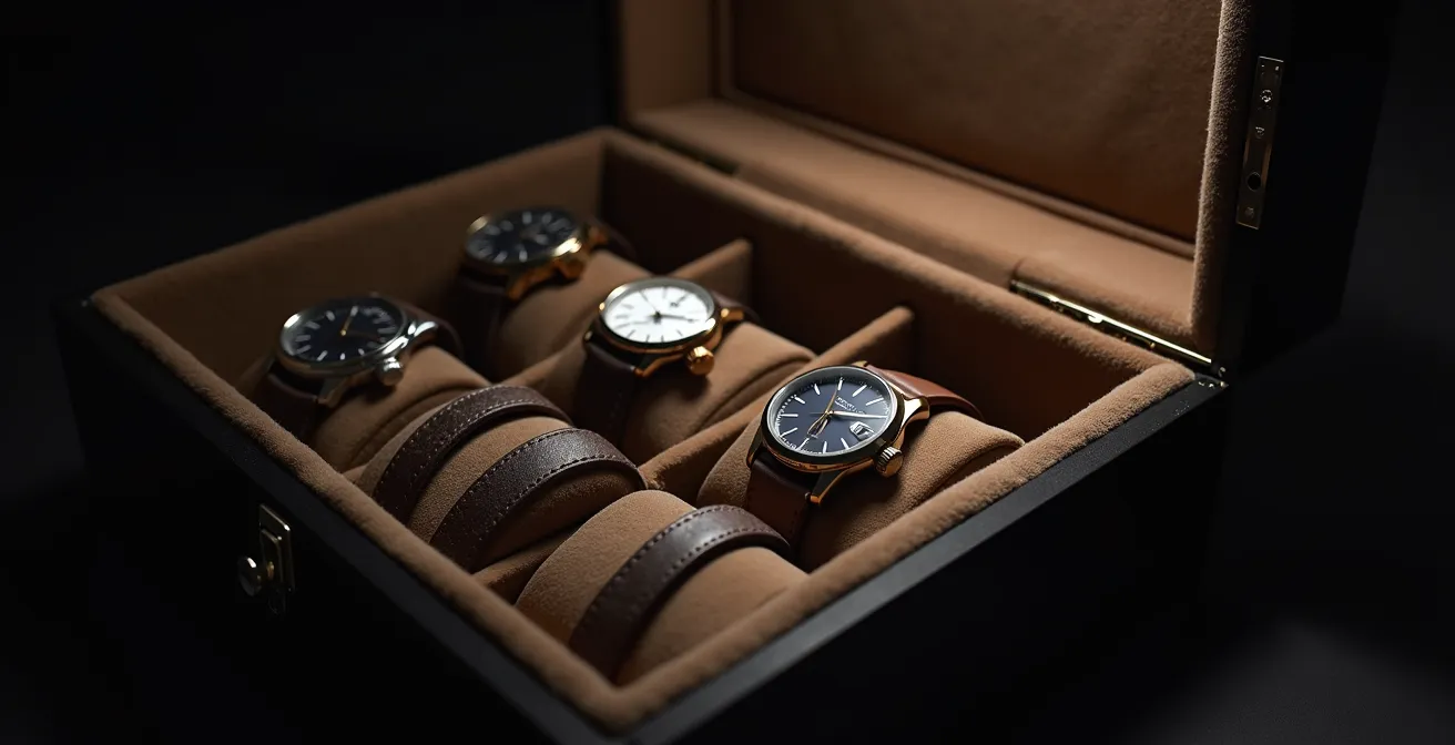 Montres de luxe rangées dans un écrin sécurisé avec éclairage tamisé