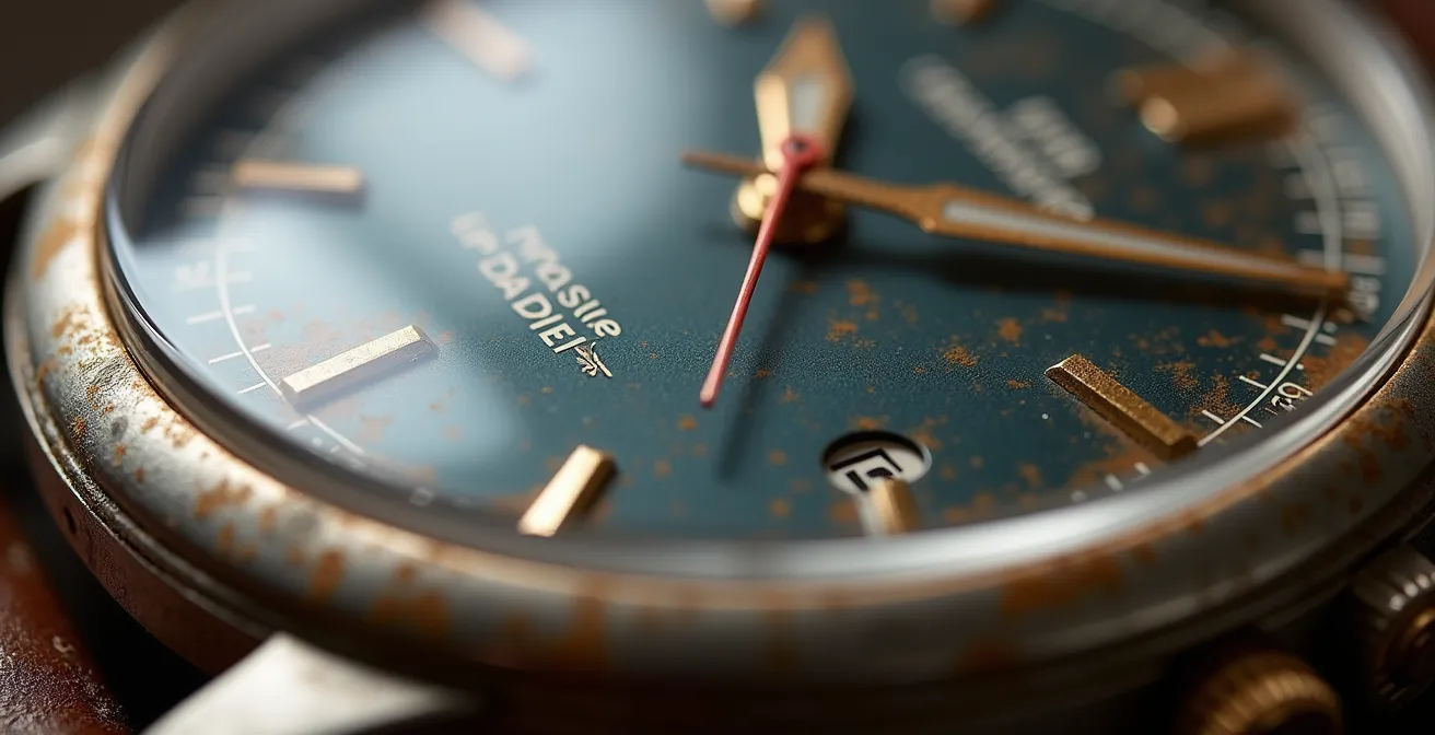 Gros plan macro sur une montre vintage montrant la patine naturelle du cadran et les micro-rayures authentiques du boîtier en acier