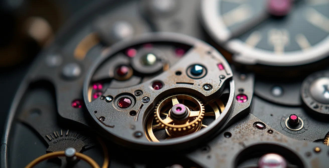 Vue macro d'un mouvement Sellita SW200 montrant le rotor rouge caractéristique et les finitions