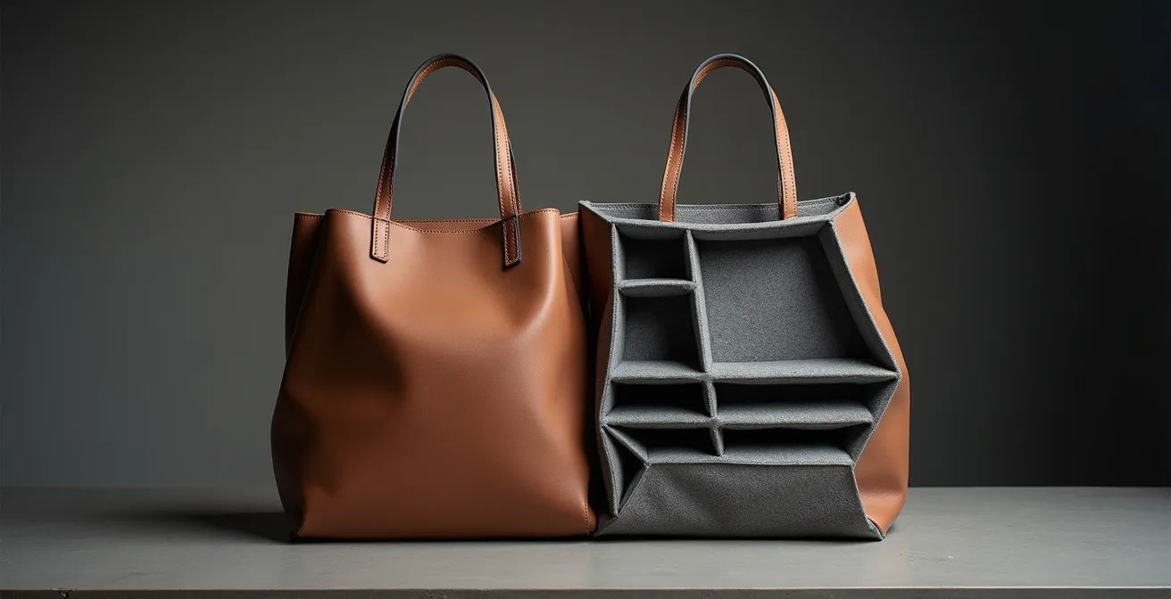 Organisateur en feutre gris structurant l'intérieur d'un grand cabas souple