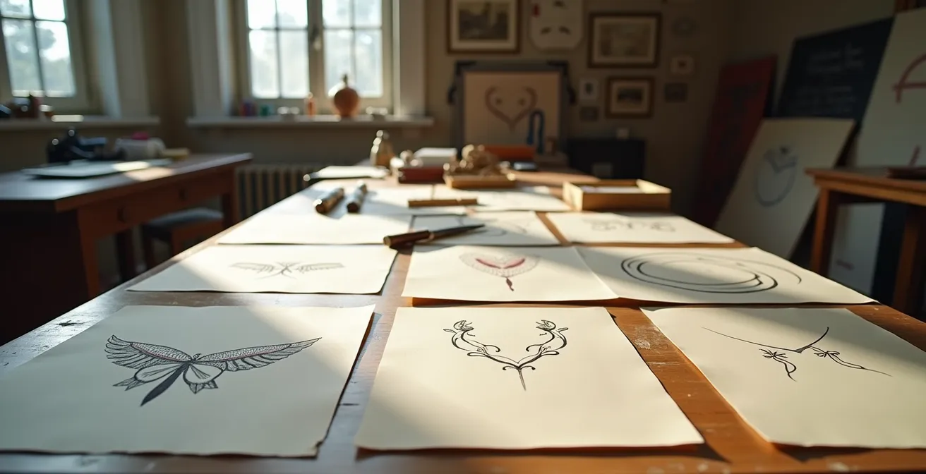 Bureau d'artisan joaillier avec croquis de bijoux et prototypes en cire