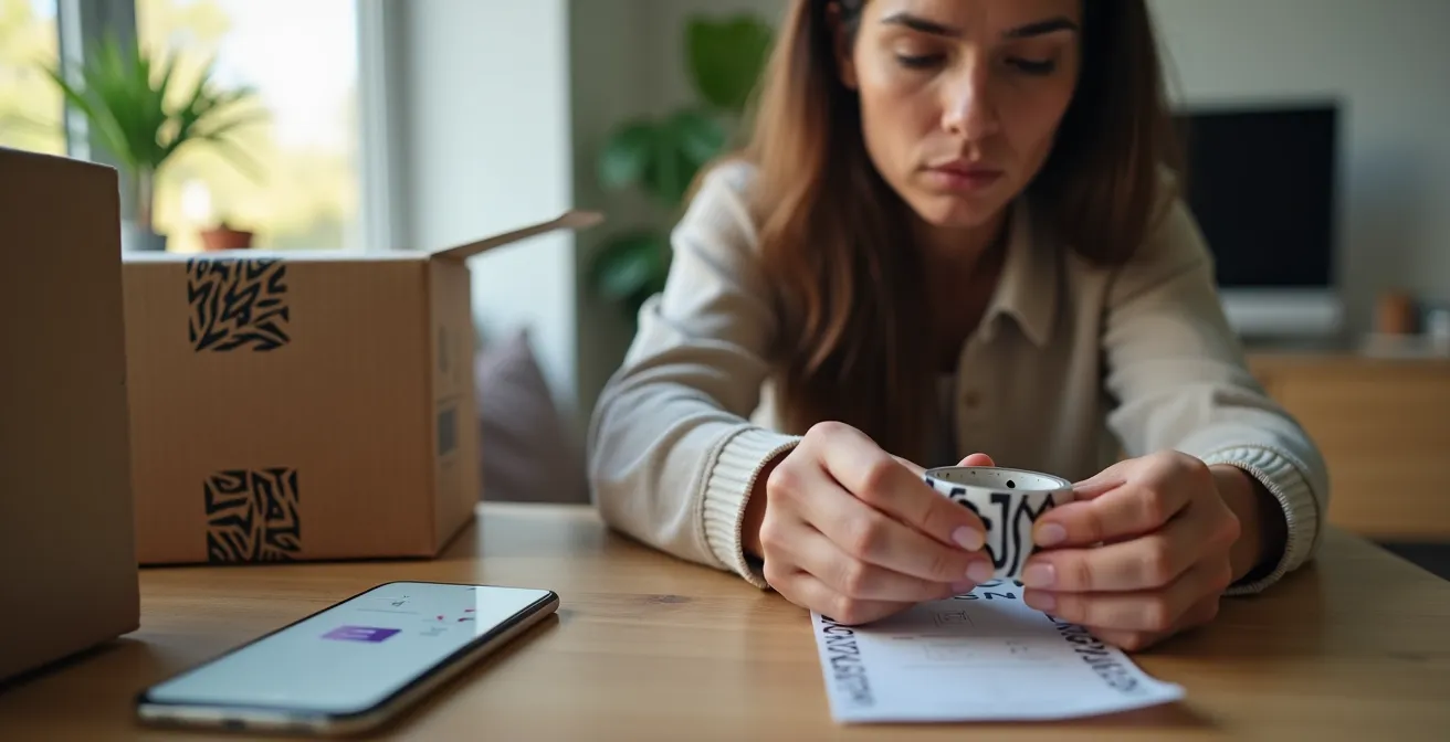 Mise en scène photographique du processus de retour d'un produit avec boîtes et étiquettes